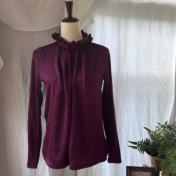 Banana Republic Tudor Inspired Oxblood Ruffle Neck Blouse - Picture 1 of 8